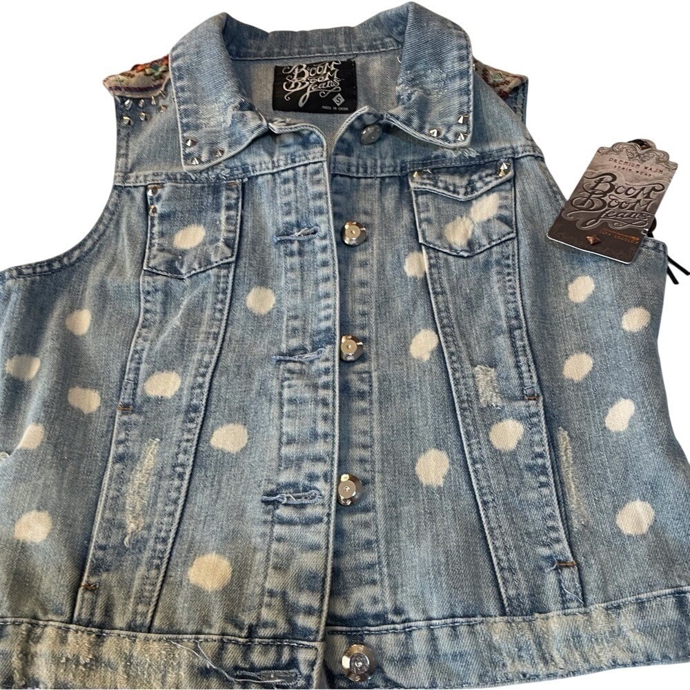 Boom Boom‎ Jeans Womens Denim Vest Studded Polka Dot Distressed Size S